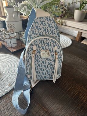 XOXO Blue  Monogrammed Sling Bag with White Trim